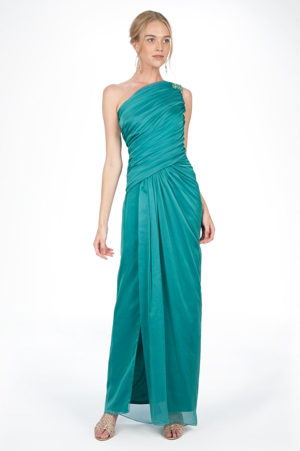Iridescent Chiffon One Shoulder Gown in Azure Blue