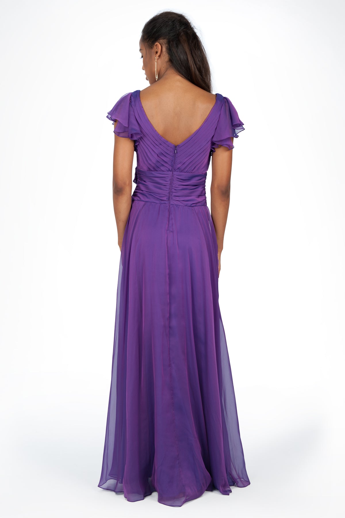 Iridescent Chiffon Flutter Sleeve Gown in Amethyst