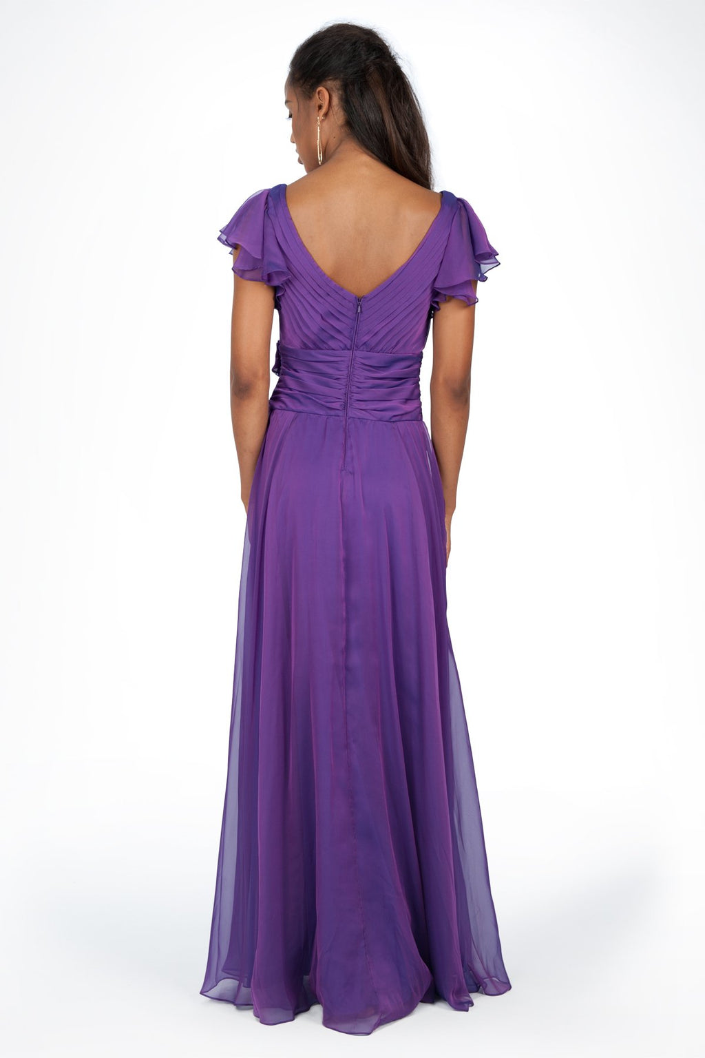 Iridescent Chiffon Flutter Sleeve Gown in Amethyst
