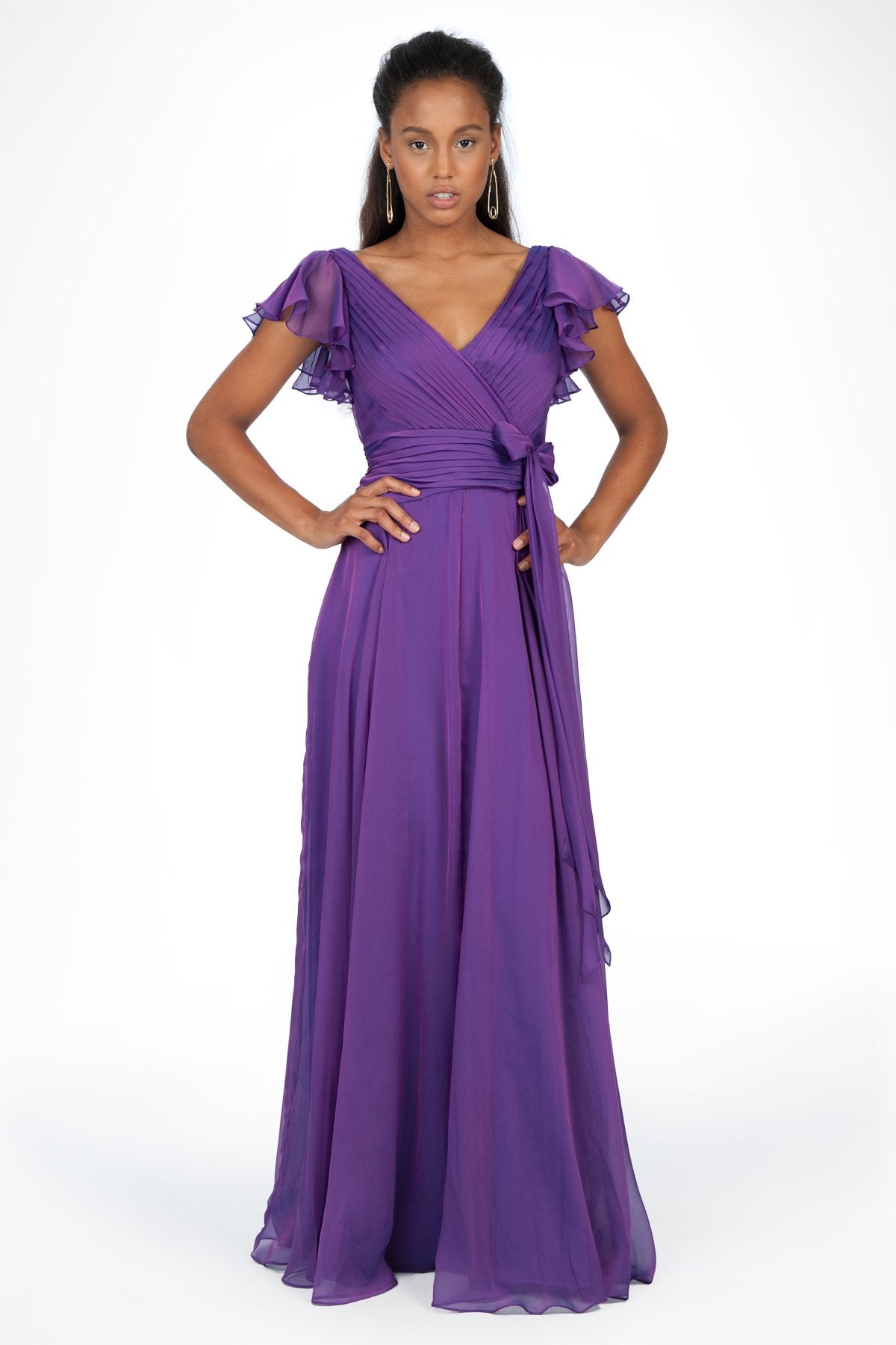 Iridescent Chiffon Flutter Sleeve Gown in Amethyst