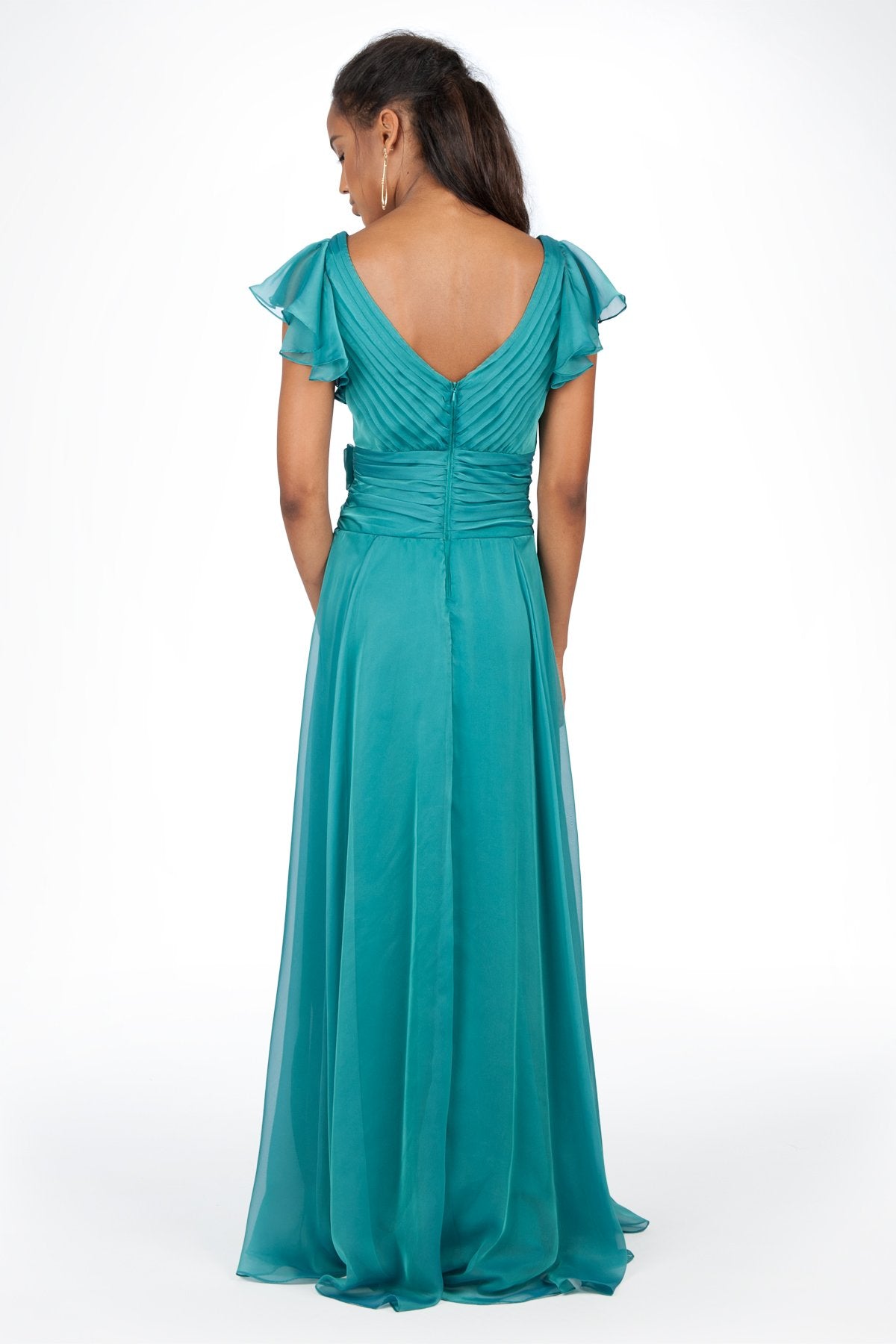 Iridescent Chiffon Flutter Sleeve Gown in Azure Blue
