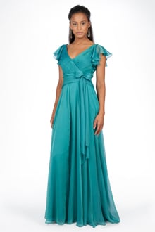 Iridescent Chiffon Flutter Sleeve Gown in Azure Blue