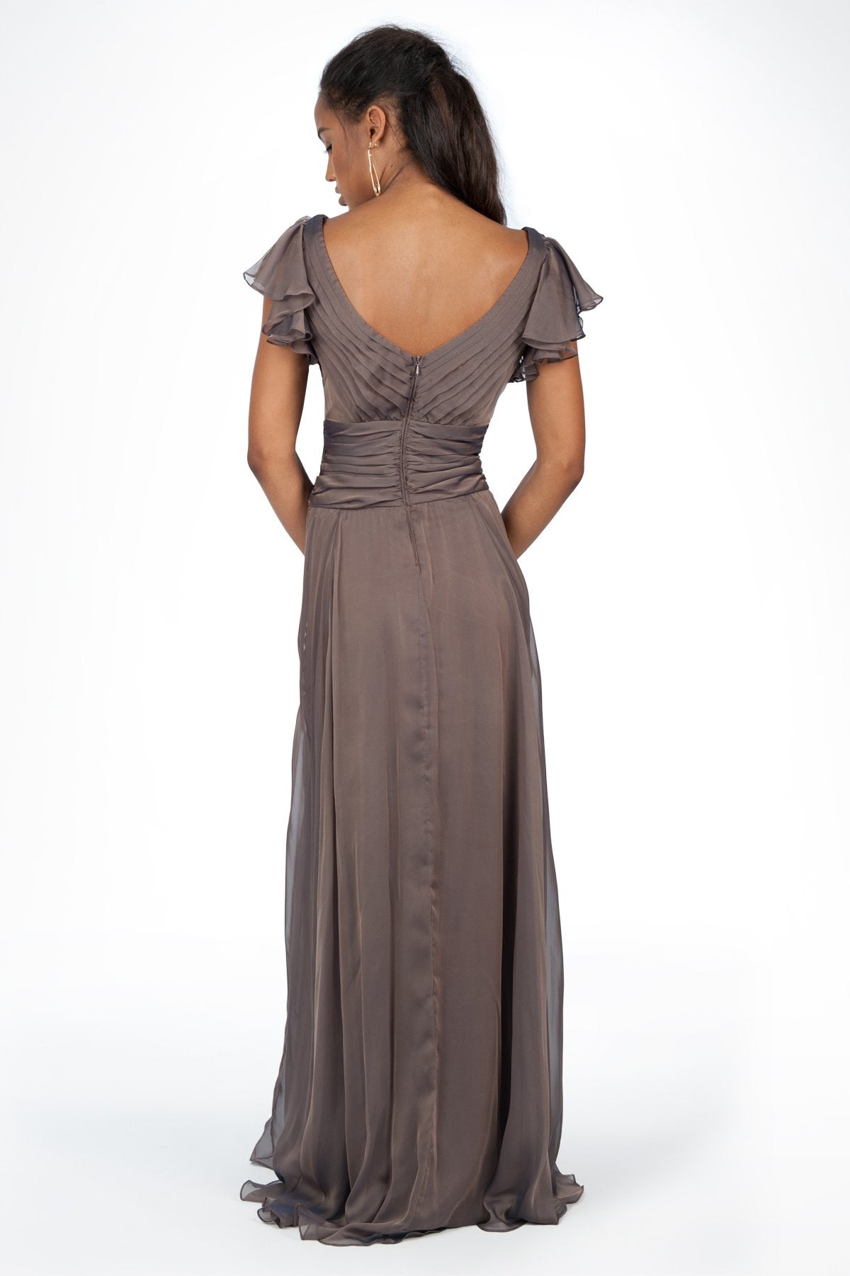Iridescent Chiffon Flutter Sleeve Gown in Marigold