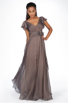 Iridescent Chiffon Flutter Sleeve Gown in Marigold