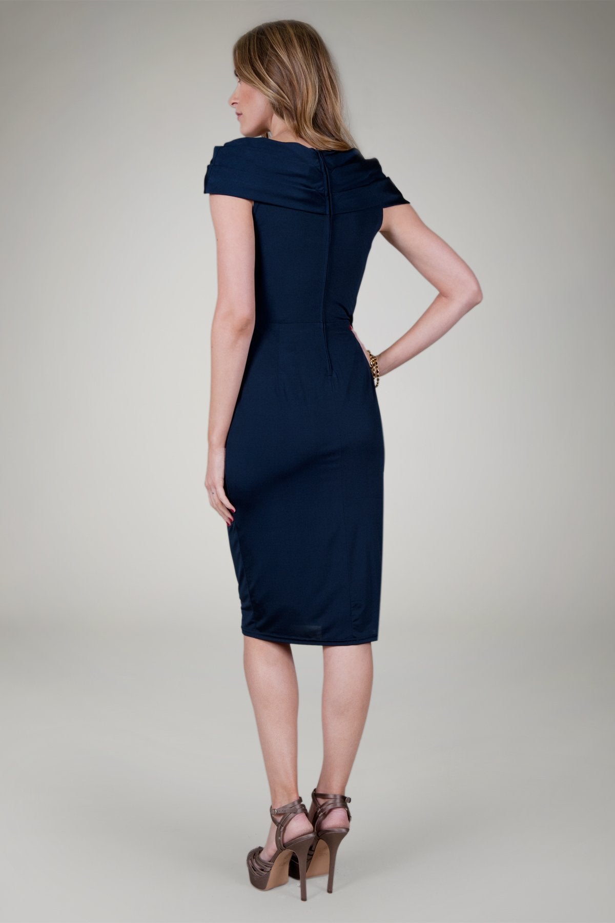 Off Shoulder Twist Jersey Dress in Navy