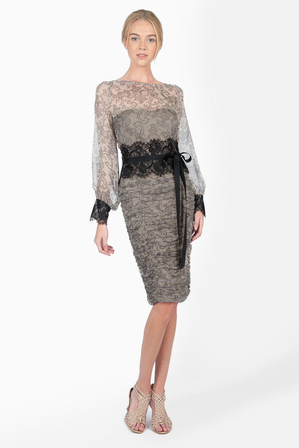 Printed Chiffon Long Sleeve Dress with Lace Detail in Black / Grey