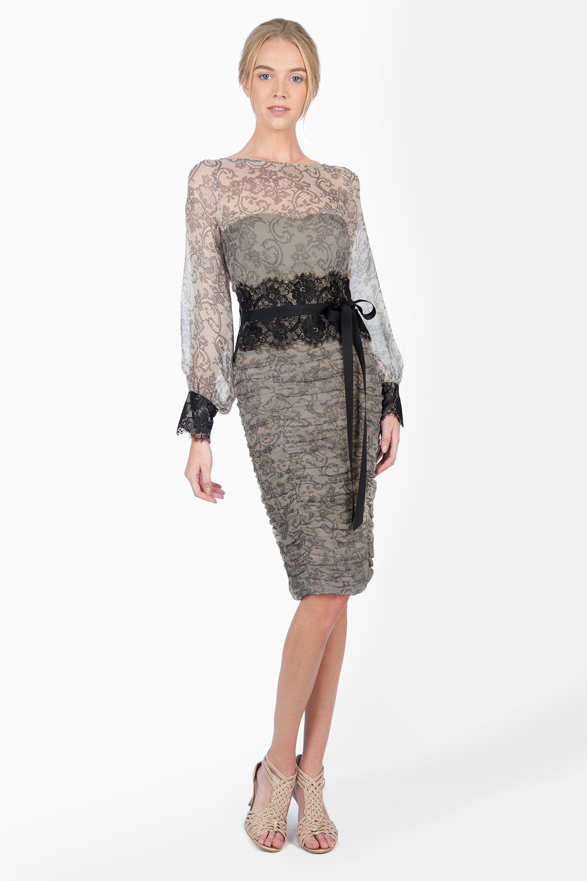 Printed Chiffon Long Sleeve Dress with Lace Detail in Black / Grey
