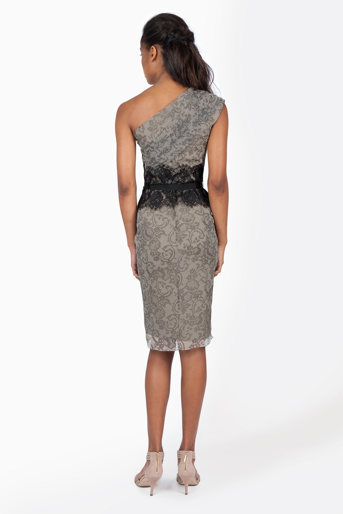 Printed Chiffon One Shoulder Dress with Lace Detail in Black / Grey