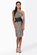 Printed Chiffon One Shoulder Dress with Lace Detail in Black / Grey