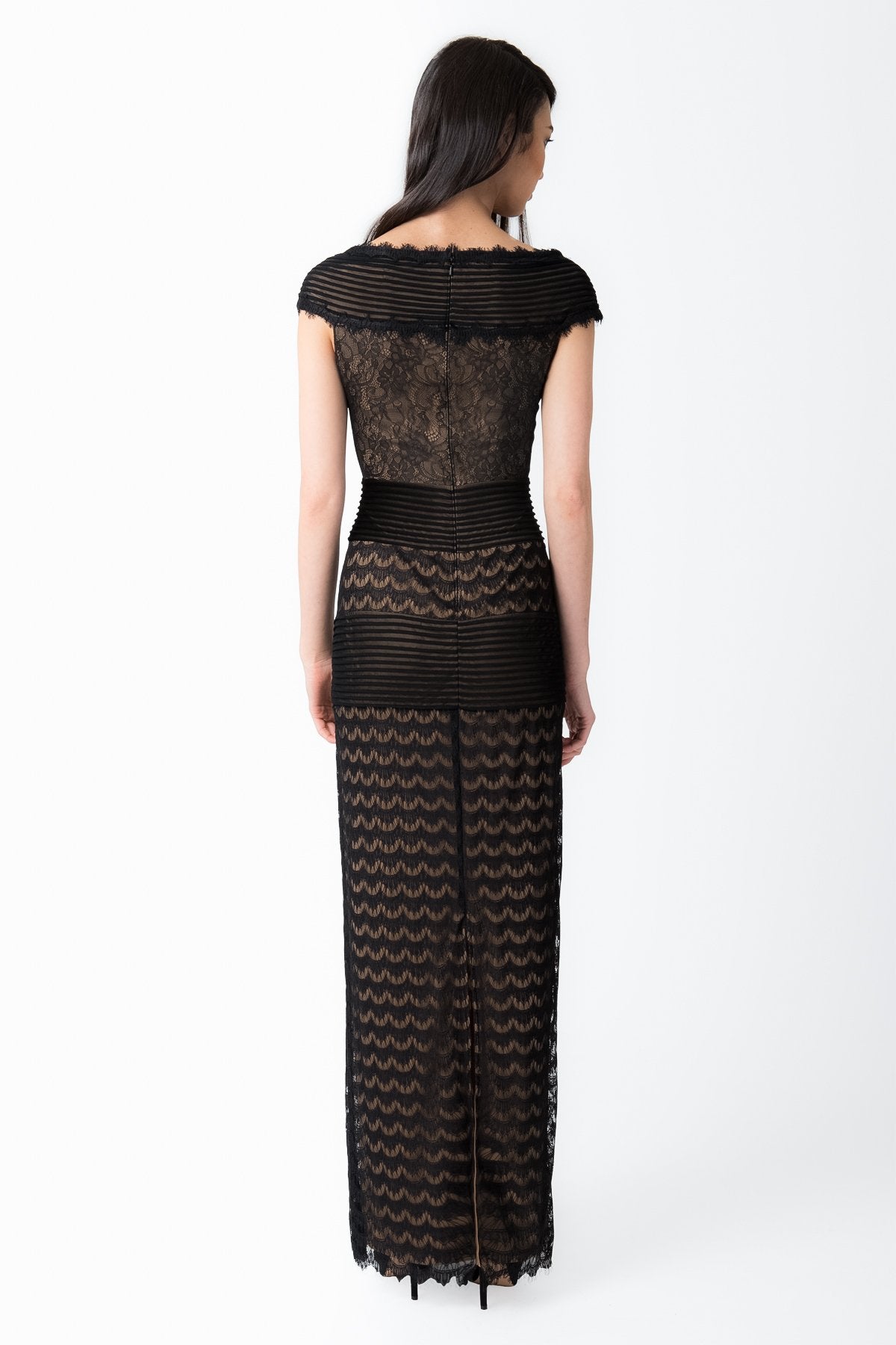 Lace and Mesh Medley Gown in Black / Nude