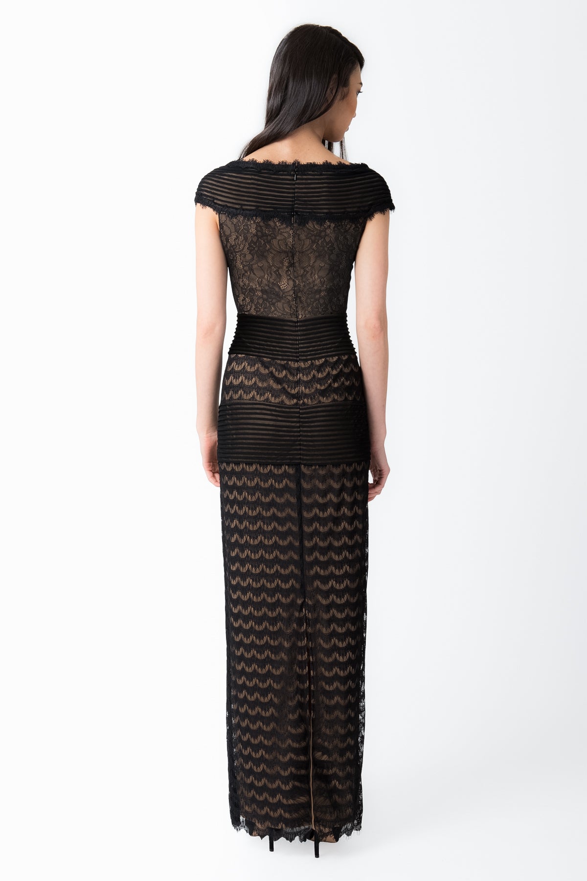 Lace and Mesh Medley Gown in Black / Nude