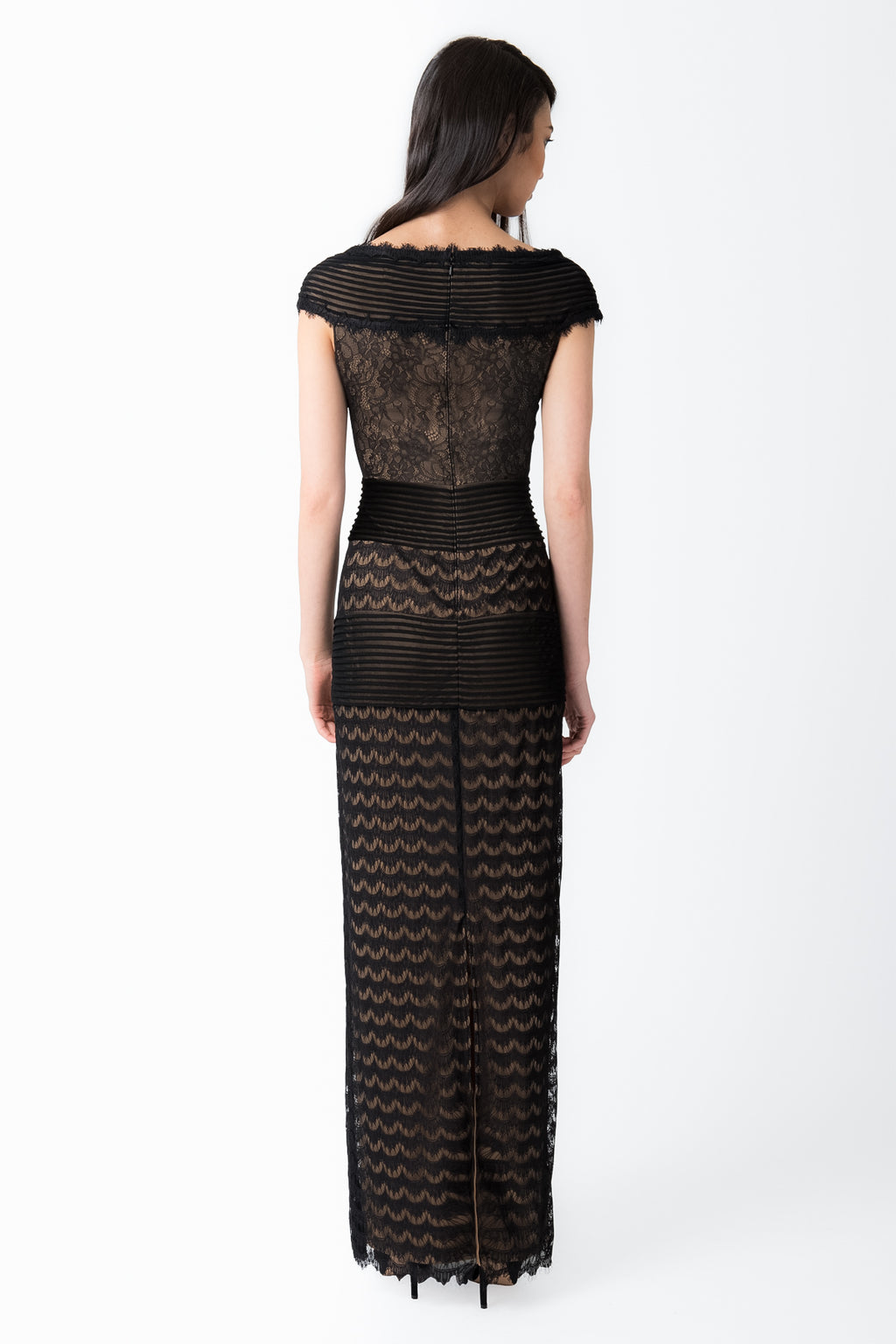 Lace and Mesh Medley Gown in Black / Nude