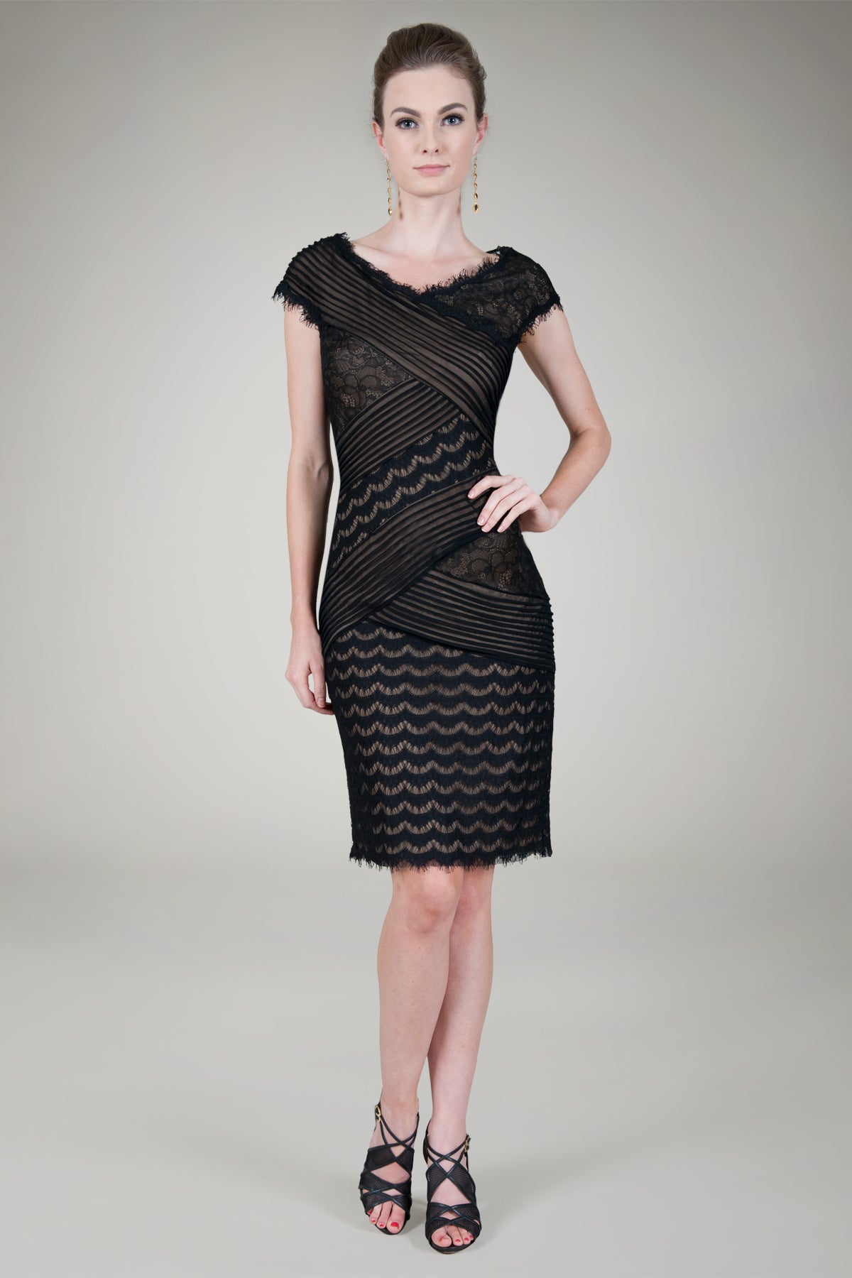 Lace and Silk Medley Dress in Black / Nude