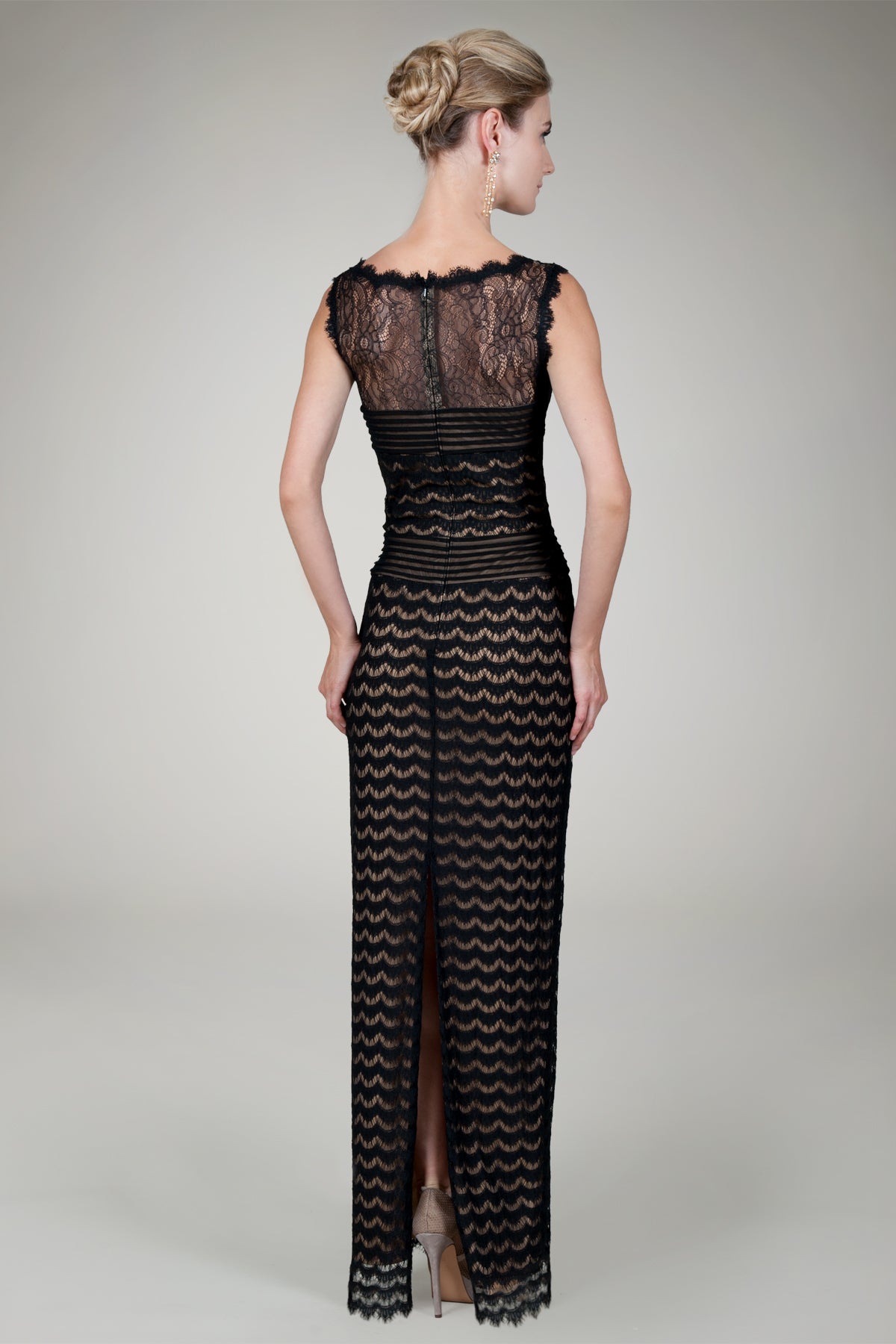 Lace Bateau Evening Gown in Black / Nude