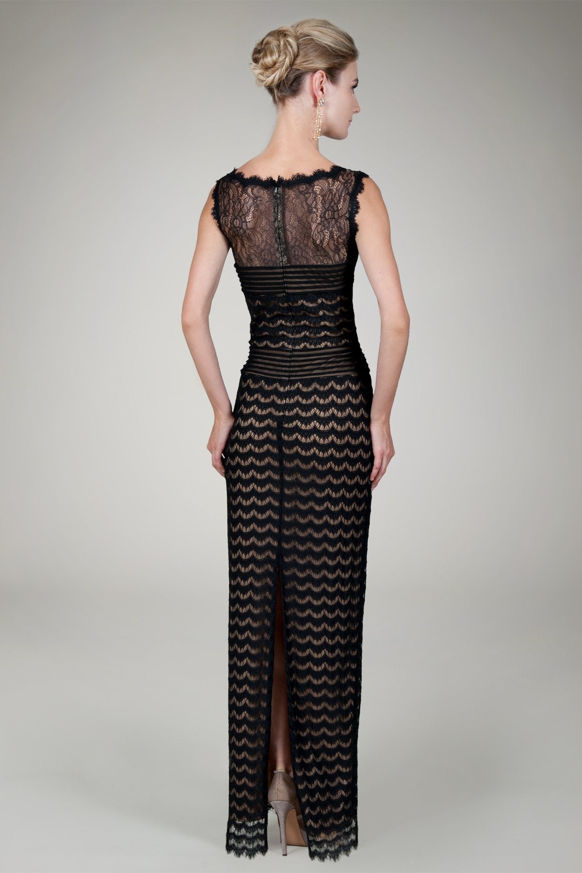 Lace Bateau Evening Gown in Black / Nude