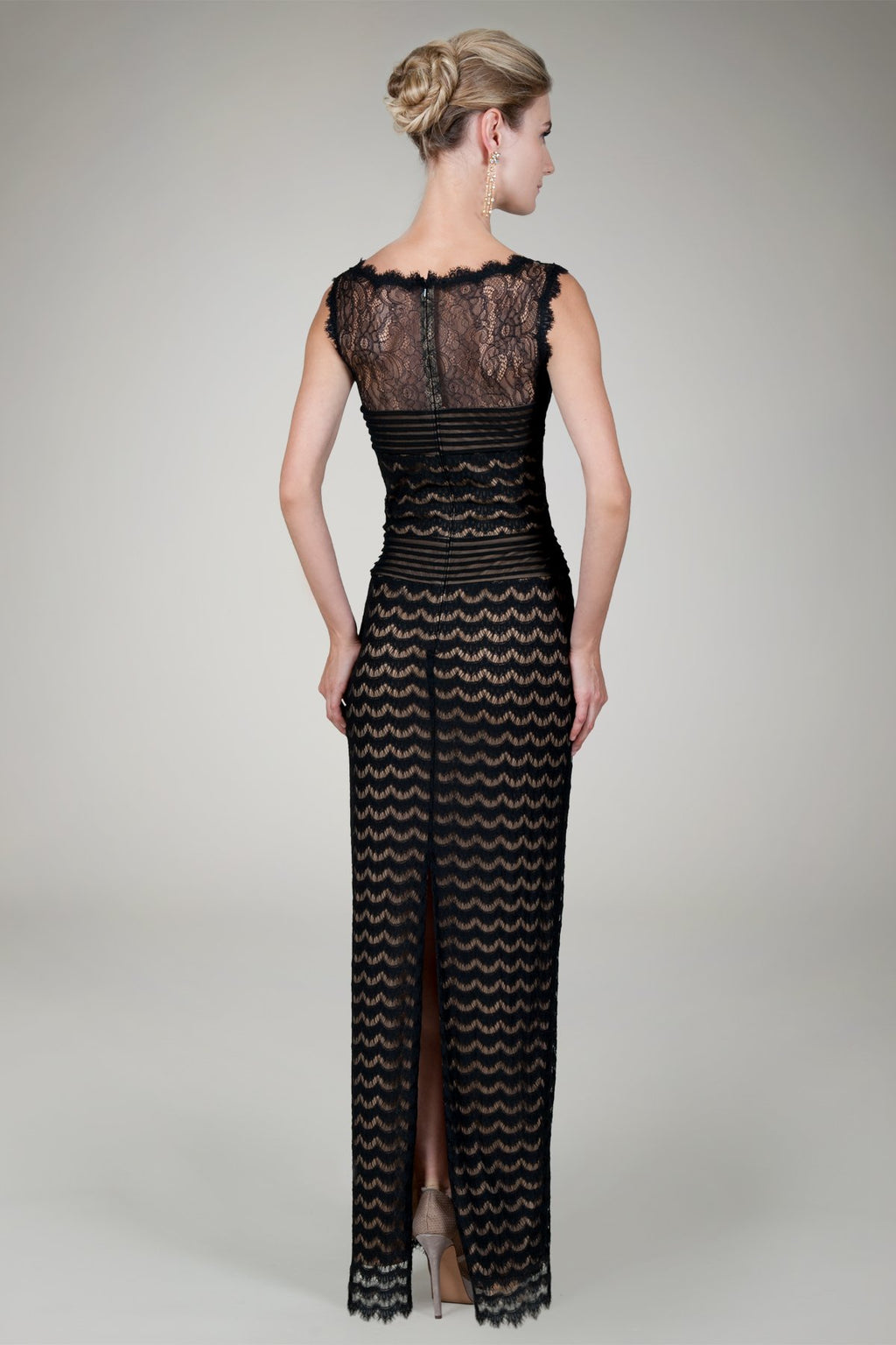 Lace Bateau Evening Gown in Black / Nude