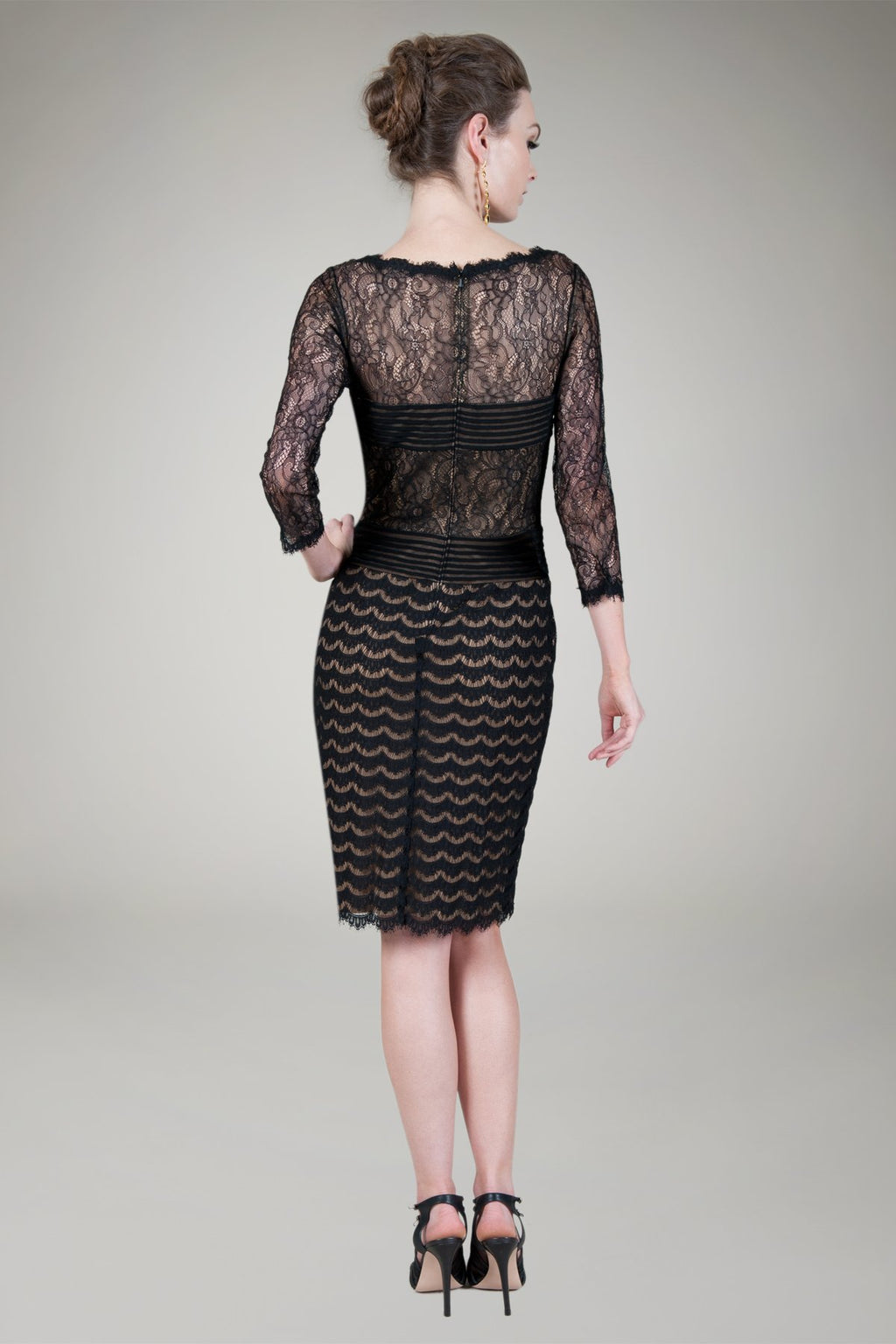 Lace Bateau 3/4 Sleeve Cocktail Dress in Black / Nude