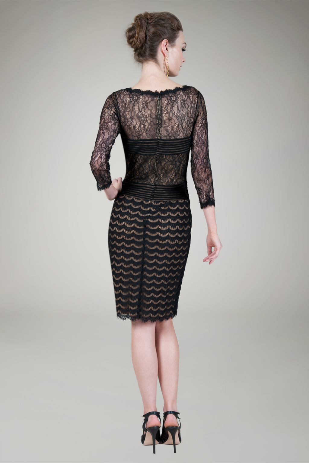 Lace Bateau 3/4 Sleeve Cocktail Dress in Black / Nude