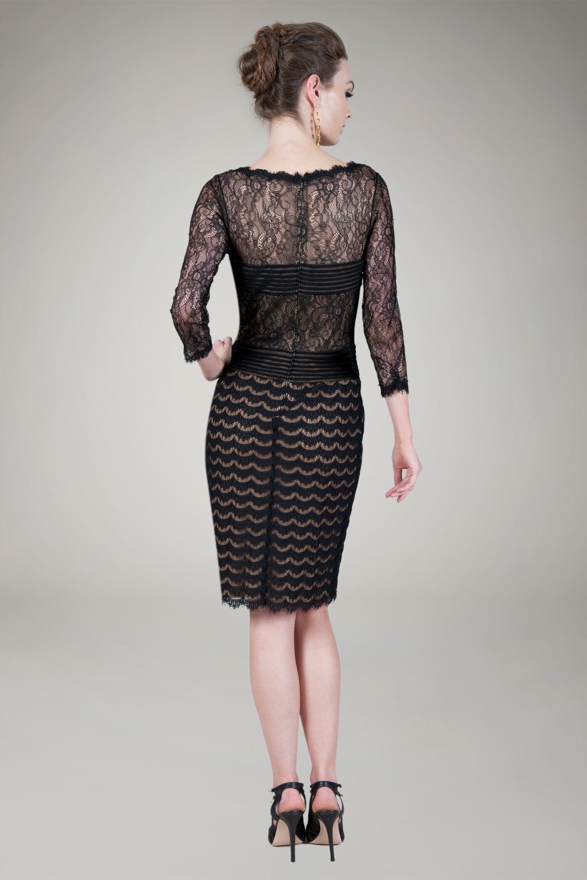 Lace Bateau 3/4 Sleeve Cocktail Dress in Black / Nude