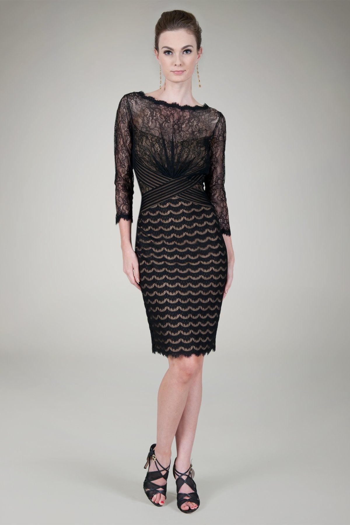 Lace Bateau 3/4 Sleeve Cocktail Dress in Black / Nude
