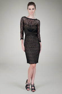 Lace Bateau 3/4 Sleeve Cocktail Dress in Black / Nude