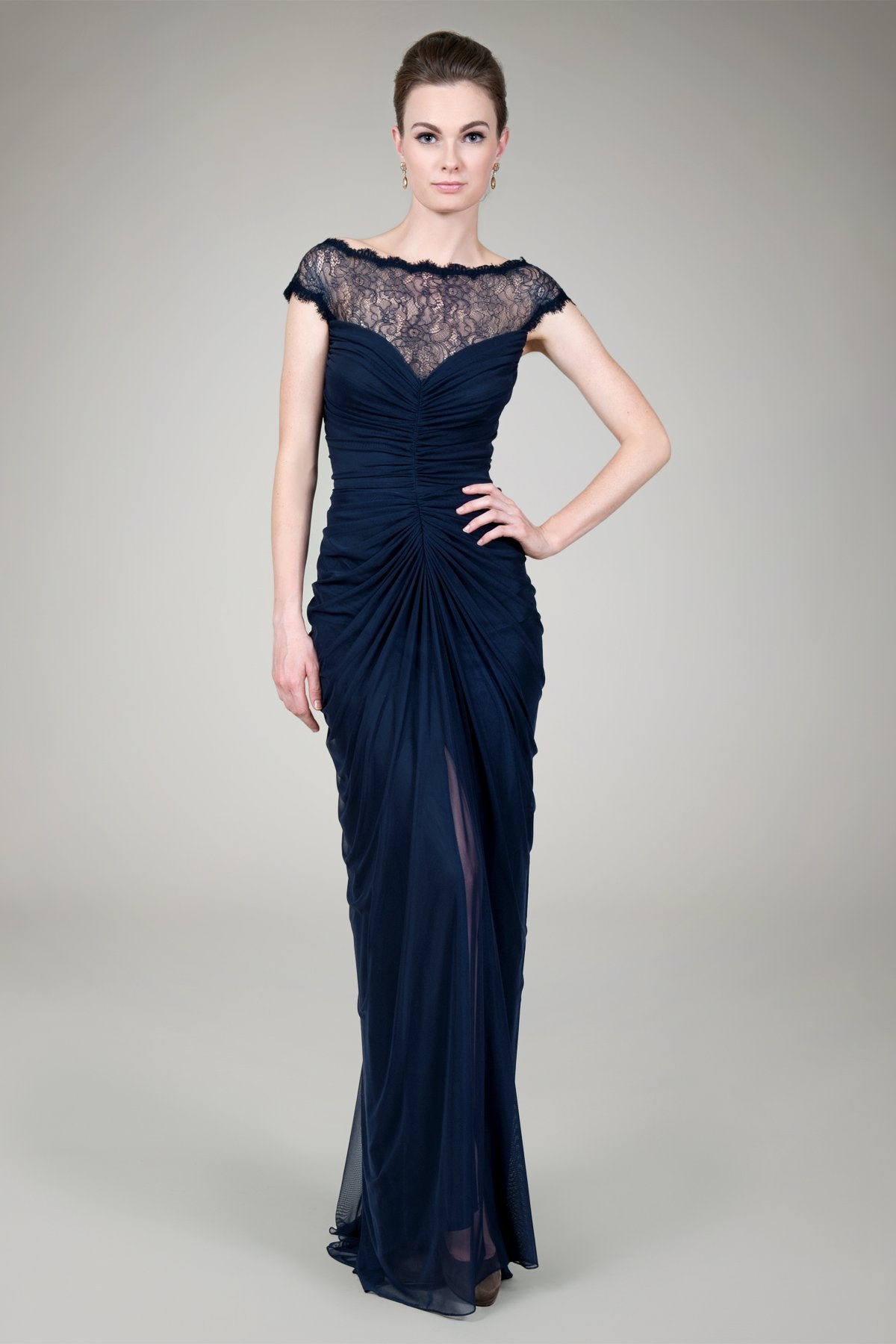 Ruched Chiffon Gown in Navy