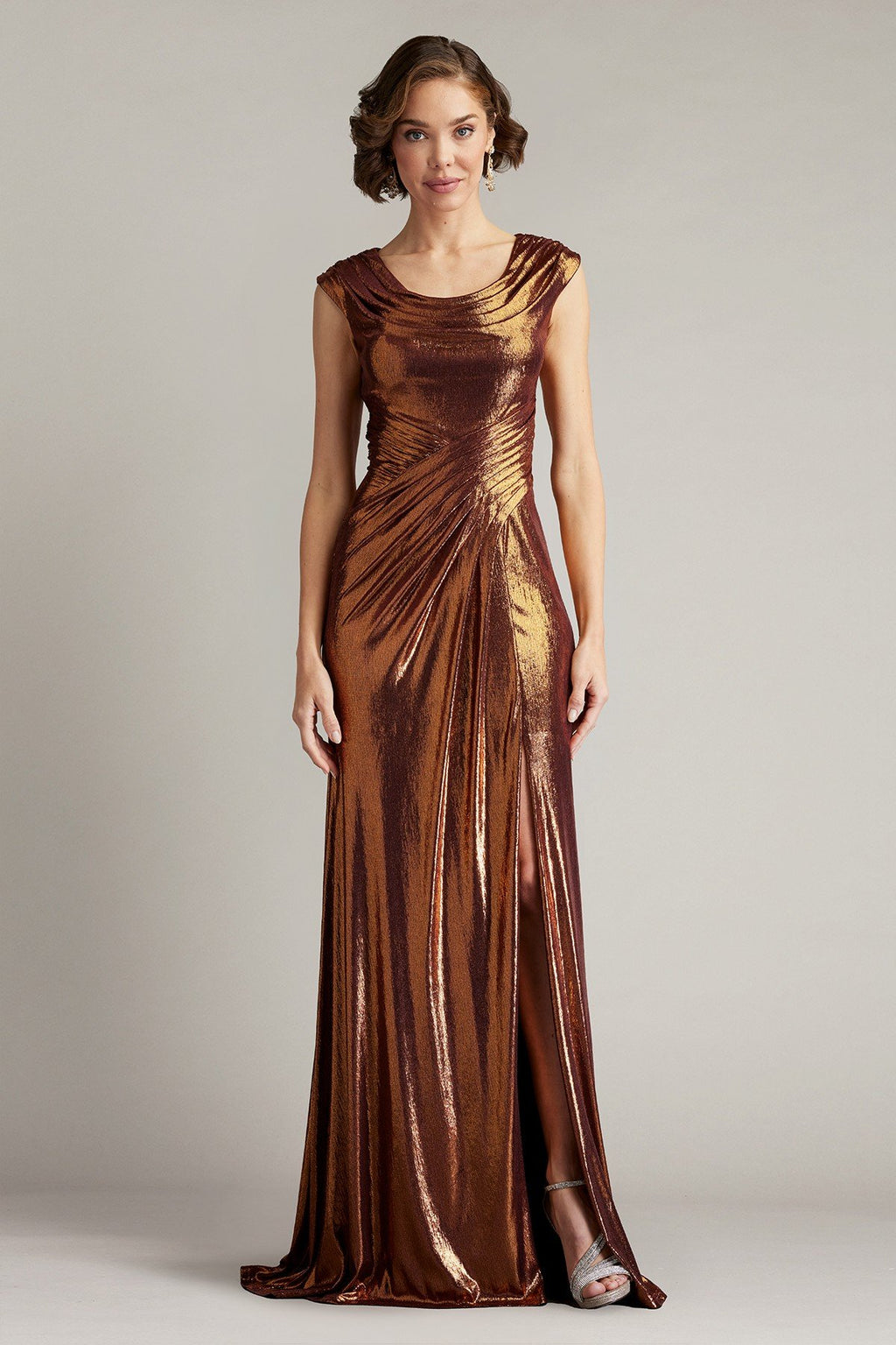 Houghton Metallic Crisscross Draped Gown