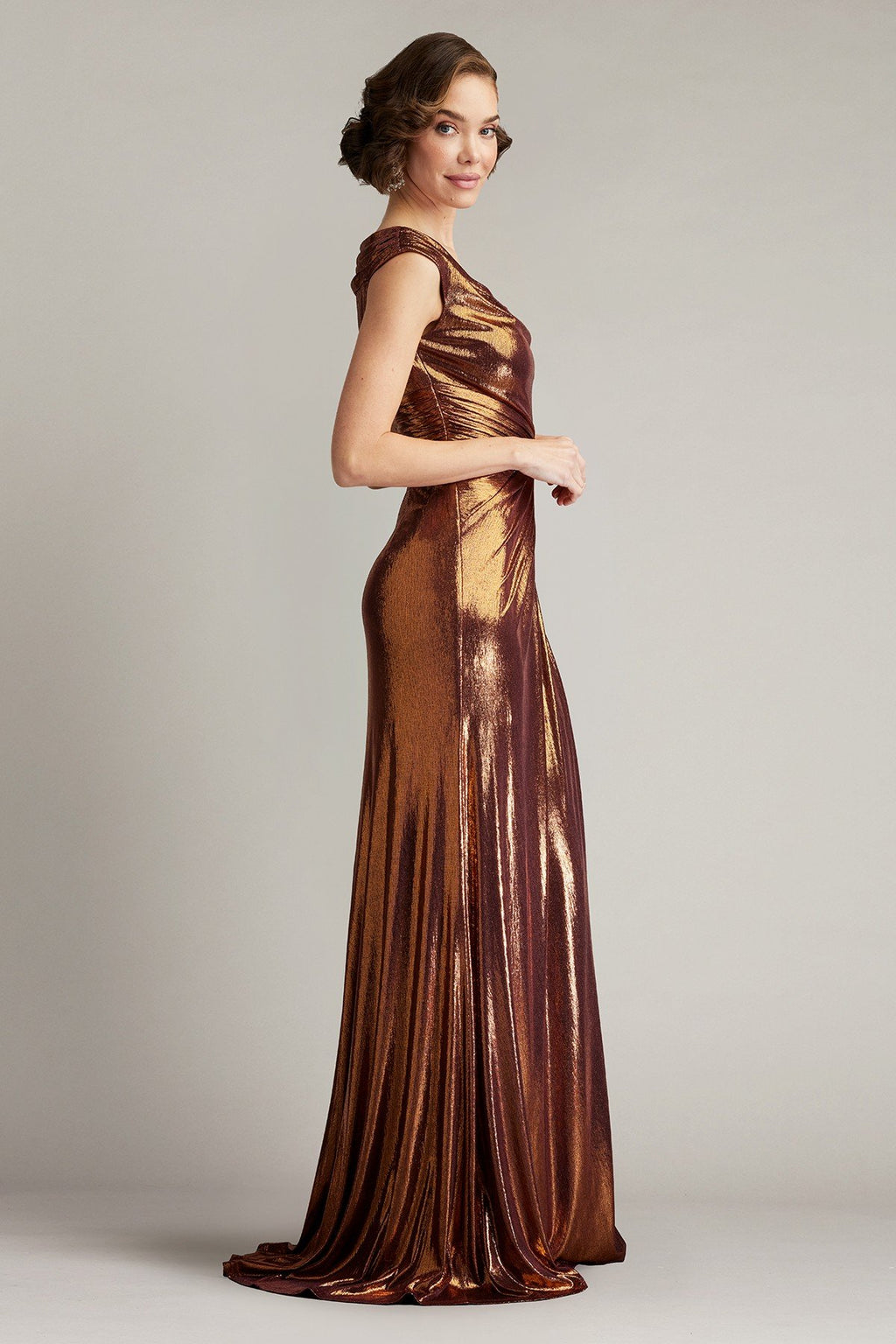 Houghton Metallic Crisscross Draped Gown