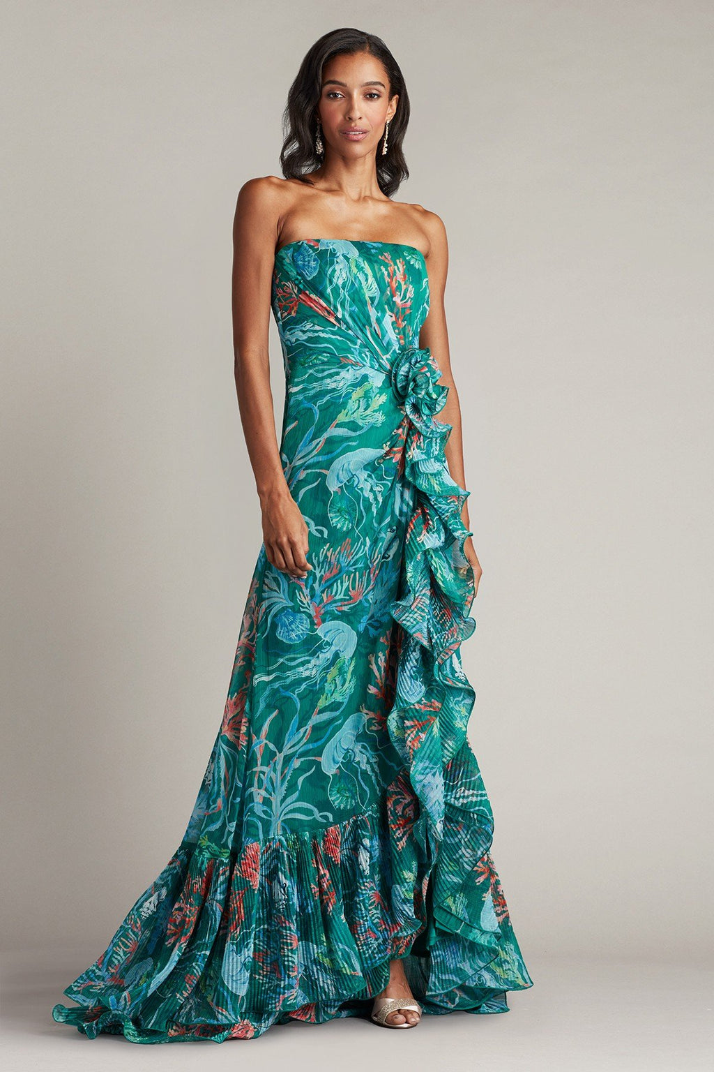 Morwenna Oceanic Print Ruffle Gown