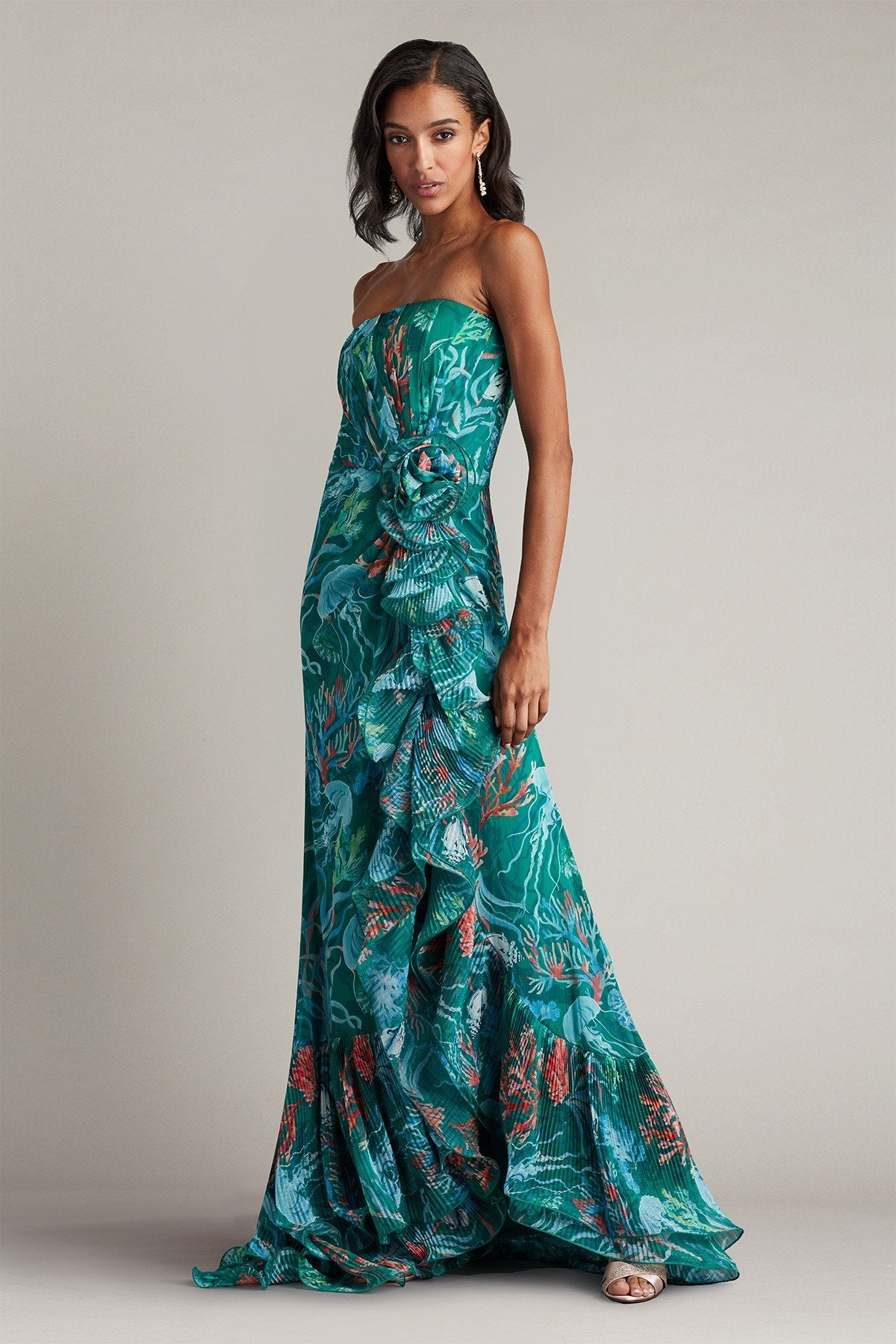 Morwenna Oceanic Print Ruffle Gown