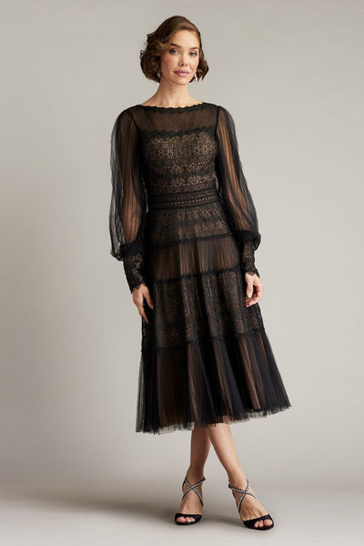 Anaka Pleated Tulle Embroidered Midi Dress – Tadashi Shoji