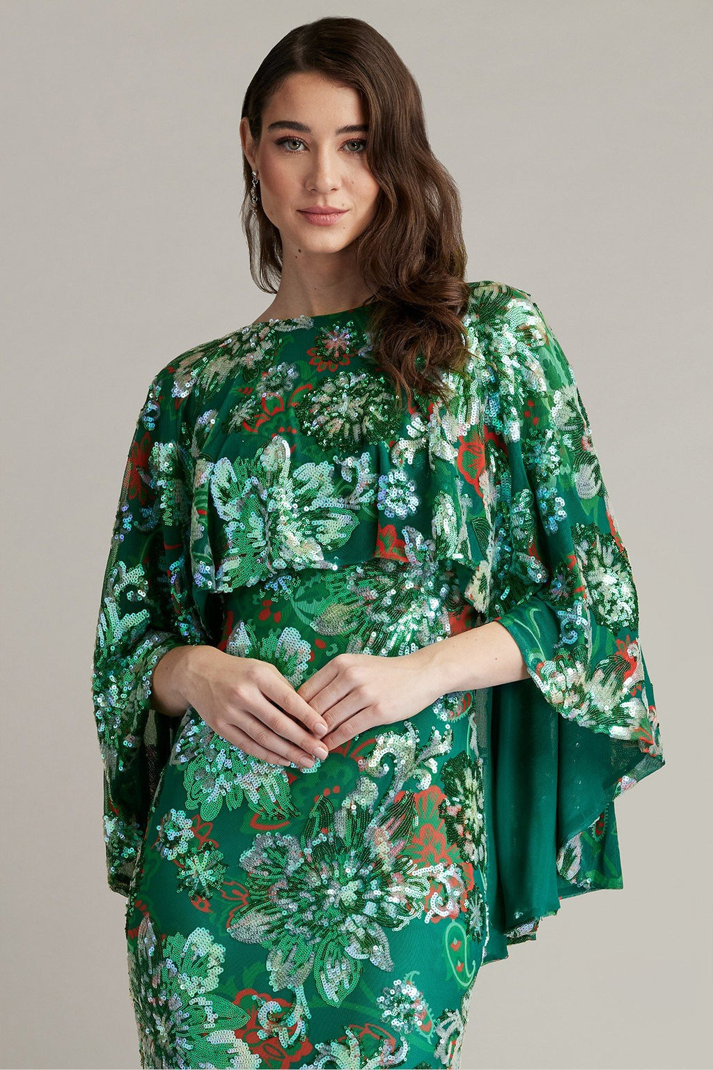 Elil Sequin Tulle Cape Overlay Gown