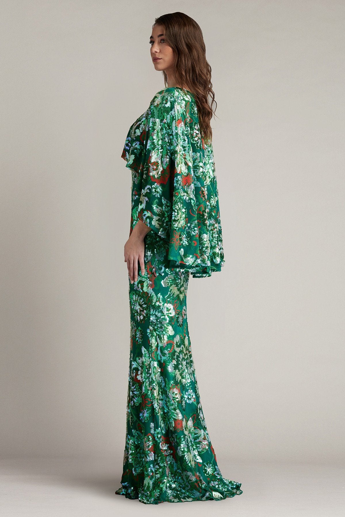 Elil Sequin Tulle Cape Overlay Gown