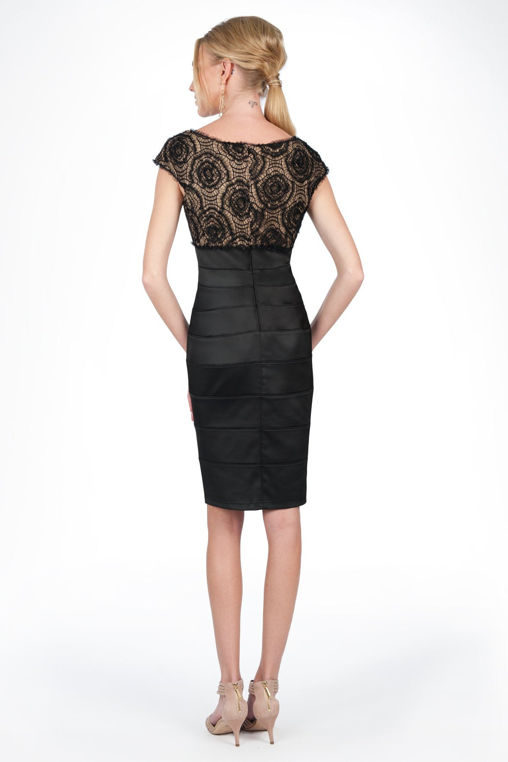 Tulle Rosette Stretch Satin Dress in Black / Nude