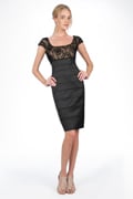 Tulle Rosette Stretch Satin Dress in Black / Nude