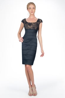 Tulle Rosette Stretch Satin Dress in Navy / Nude