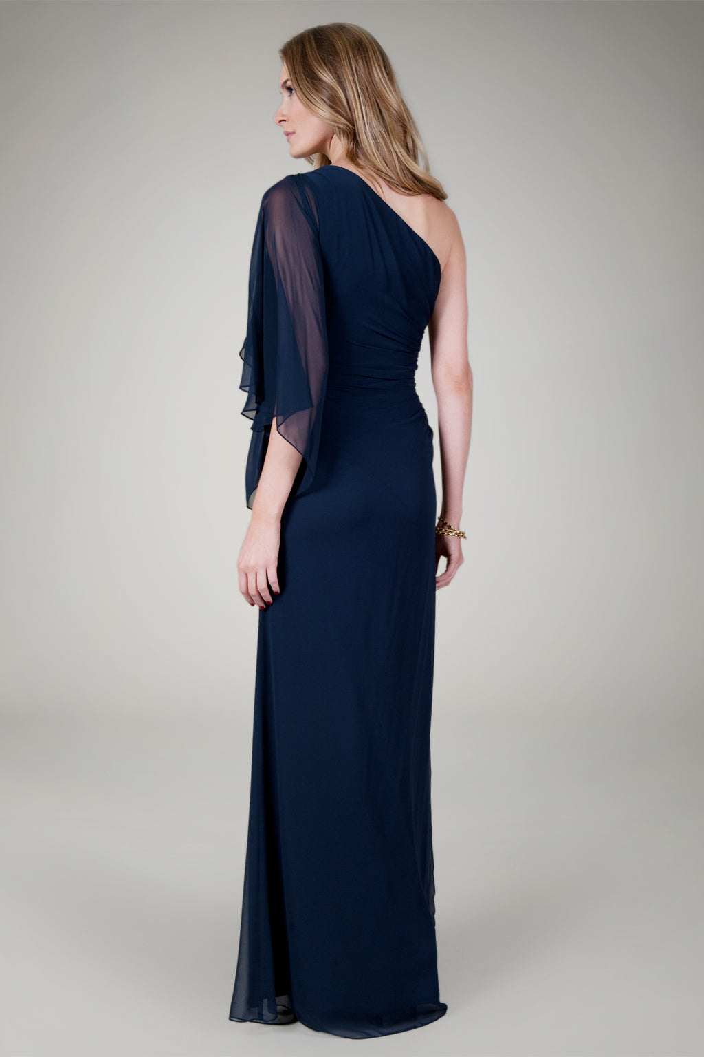 Draped One Shoulder Gown in Navy