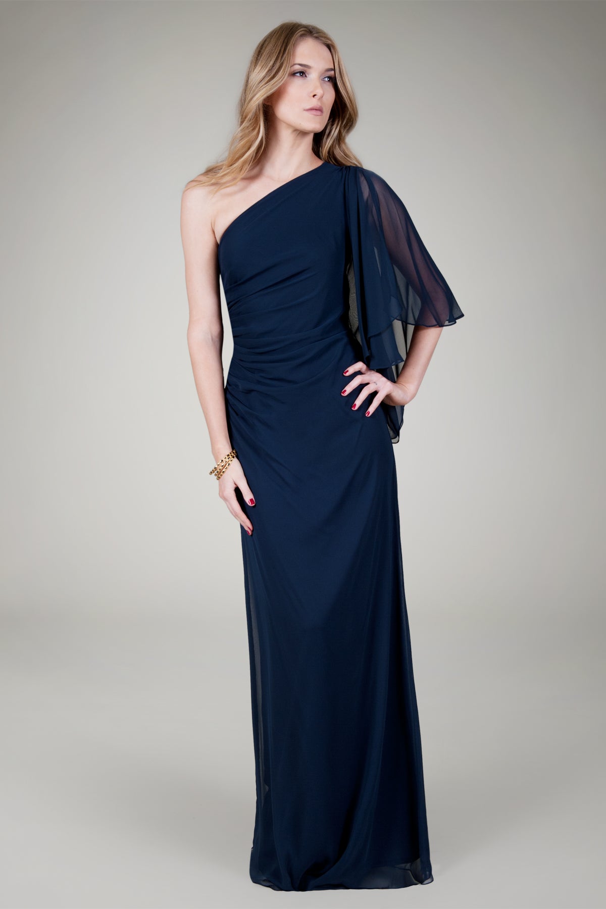 Draped One Shoulder Gown in Navy