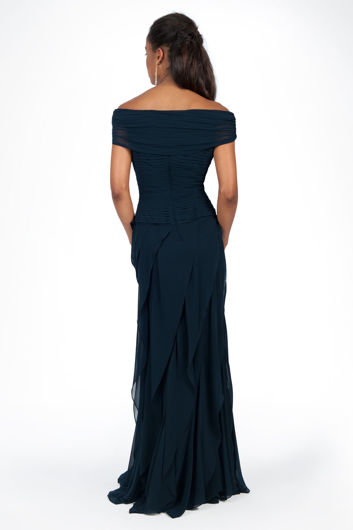 Chiffon Off Shoulder Flounce Gown in Navy