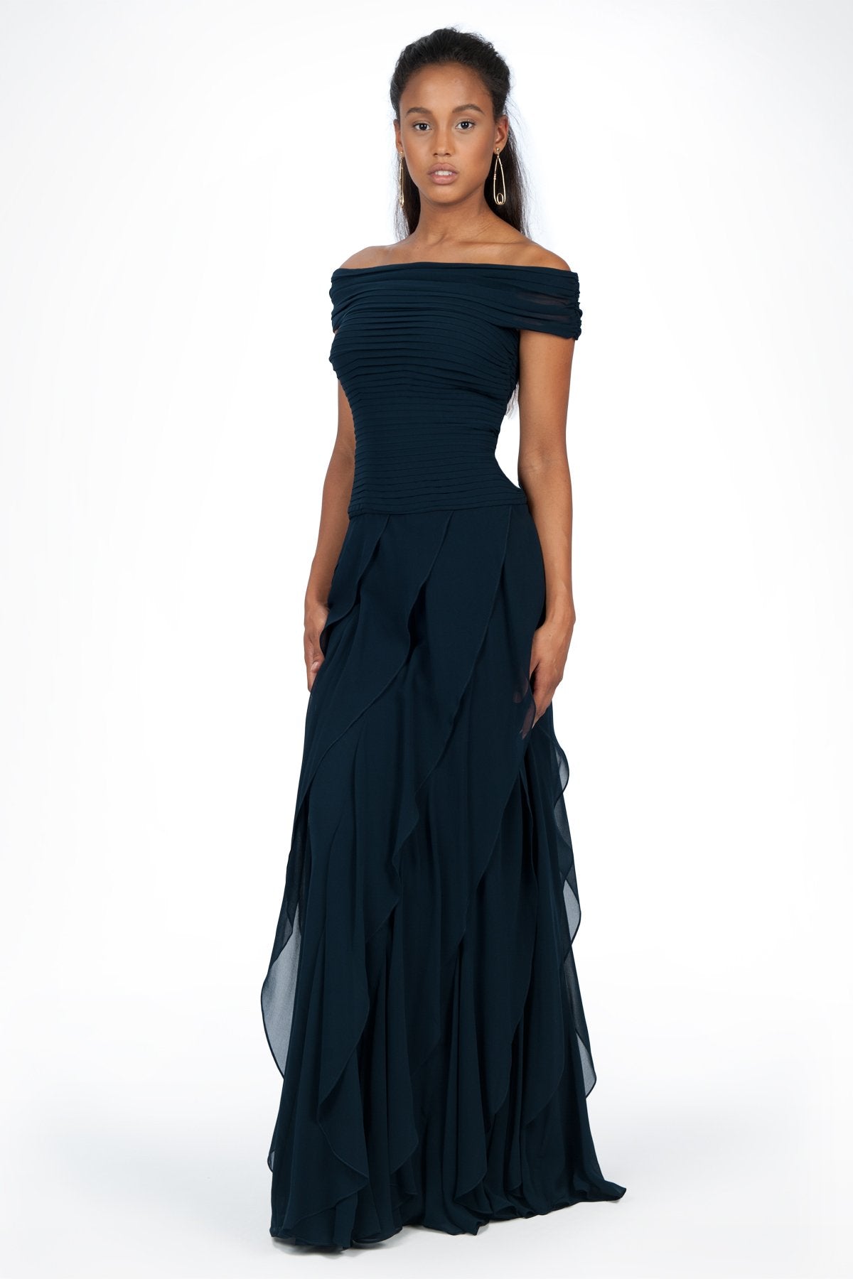 Chiffon Off Shoulder Flounce Gown in Navy