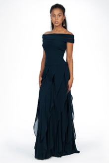 Chiffon Off Shoulder Flounce Gown in Navy