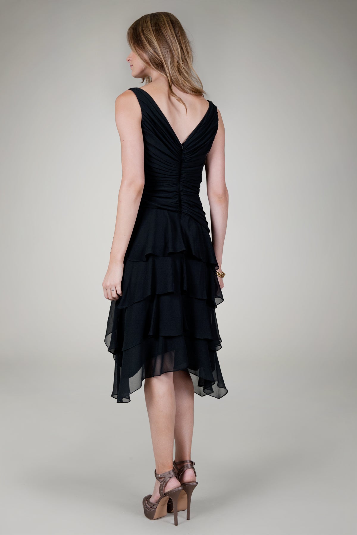 Pleated V-Neck Cocktail Dress in Black