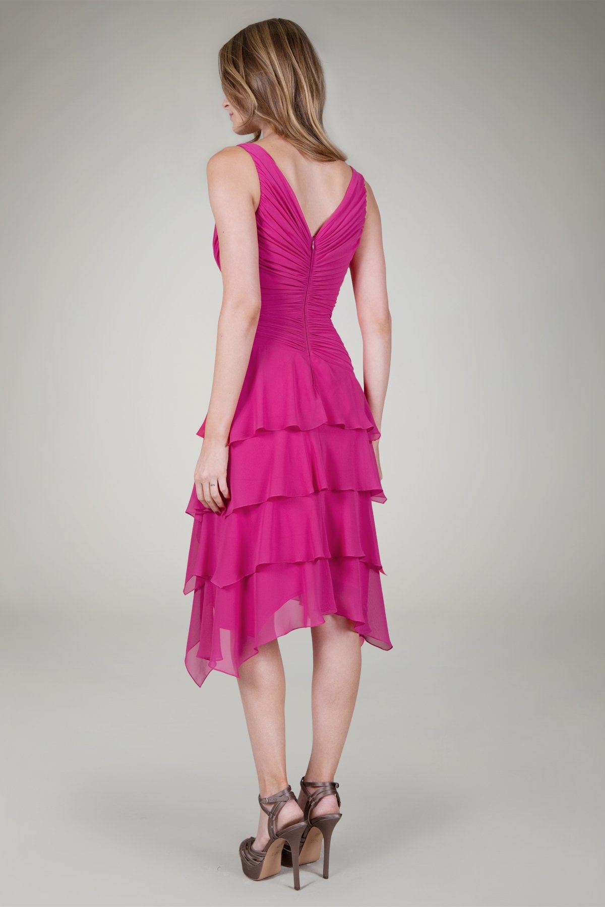 Pleated V-Neck Cocktail Dress in Flamingo