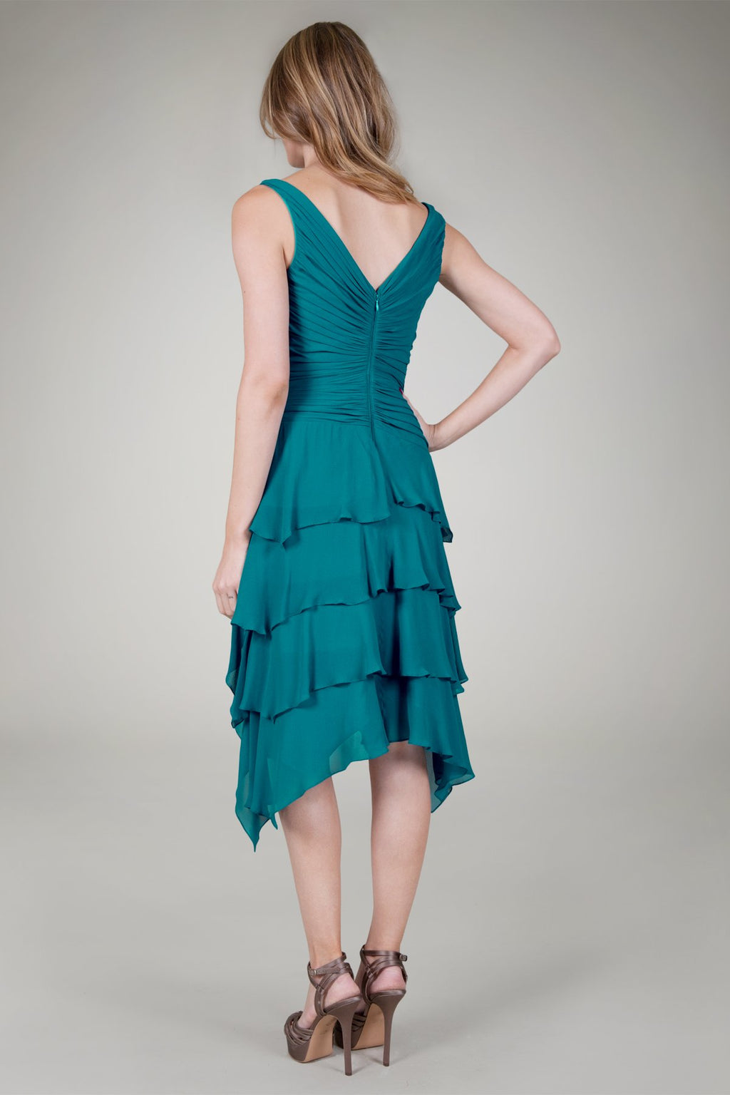 Pleated V-Neck Cocktail Dress in Teal Green