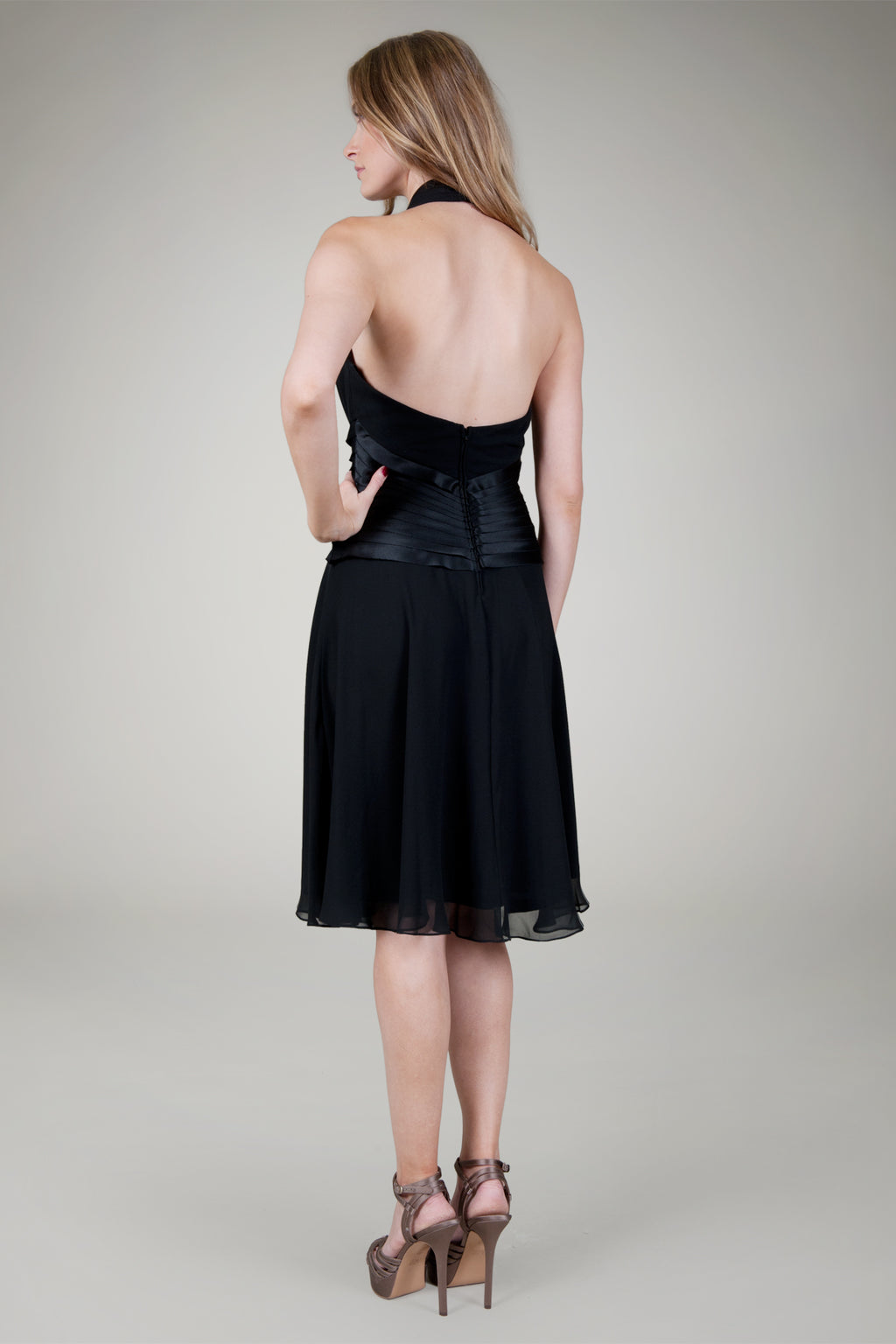 Chiffon Pleated Halter Dress in Black