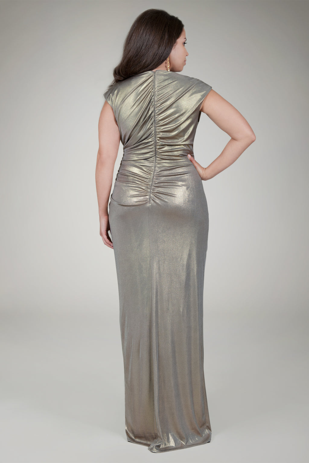 Metallic Jersey Draped Evening Gown in Smoke Pearl