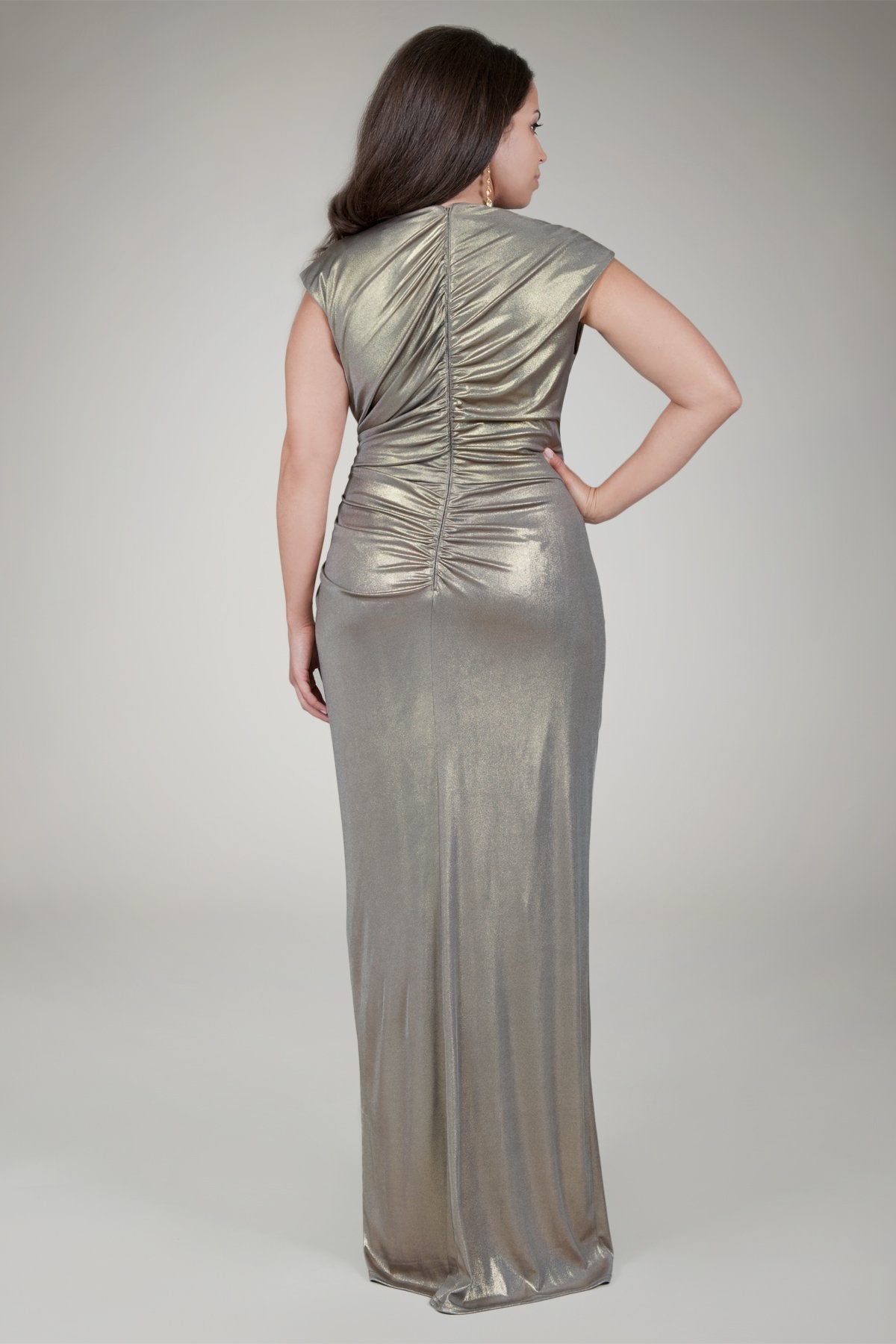 Metallic Jersey Draped Evening Gown in Smoke Pearl