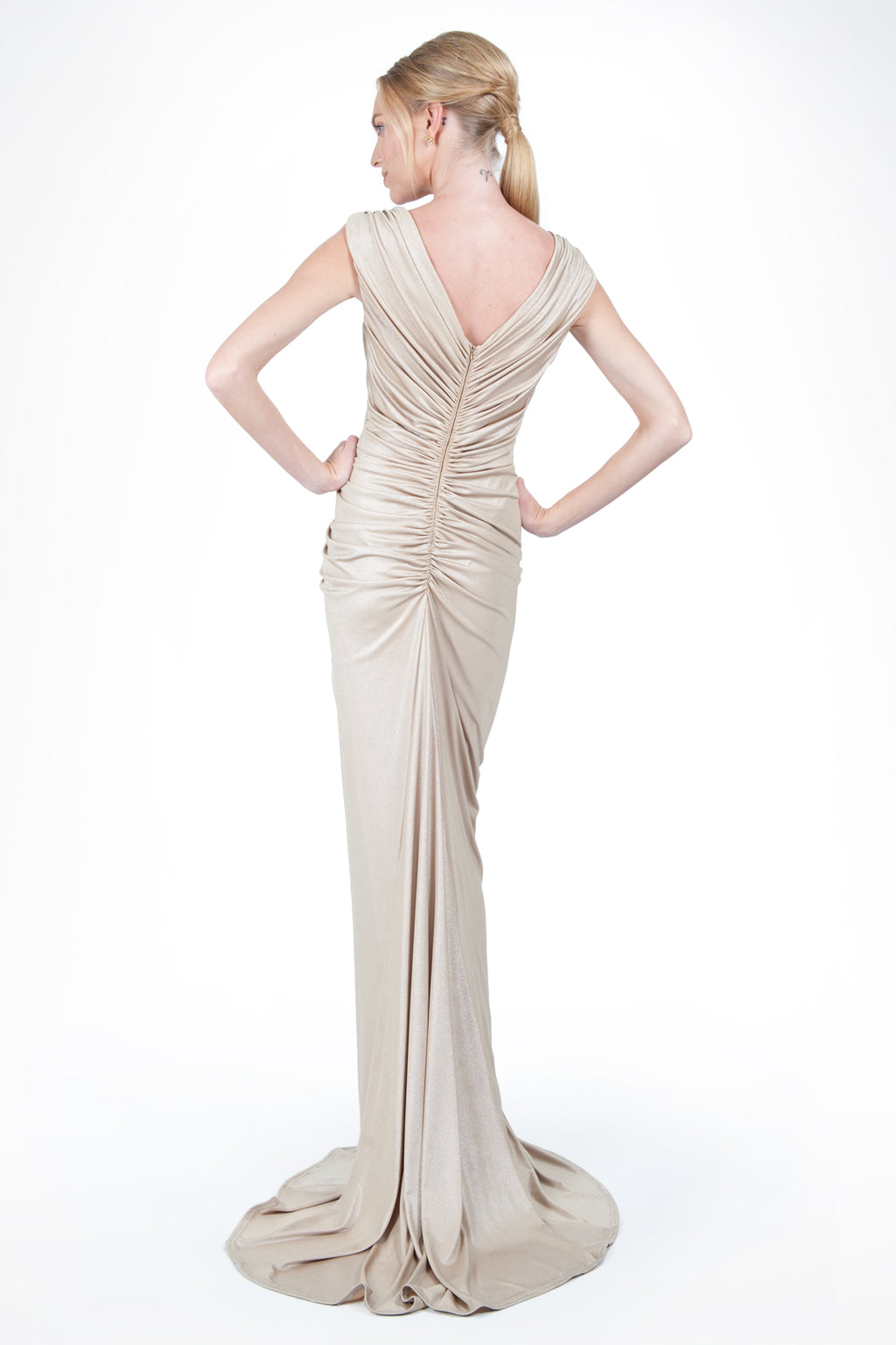 Draped Metallic Jersey Gown in Champagne