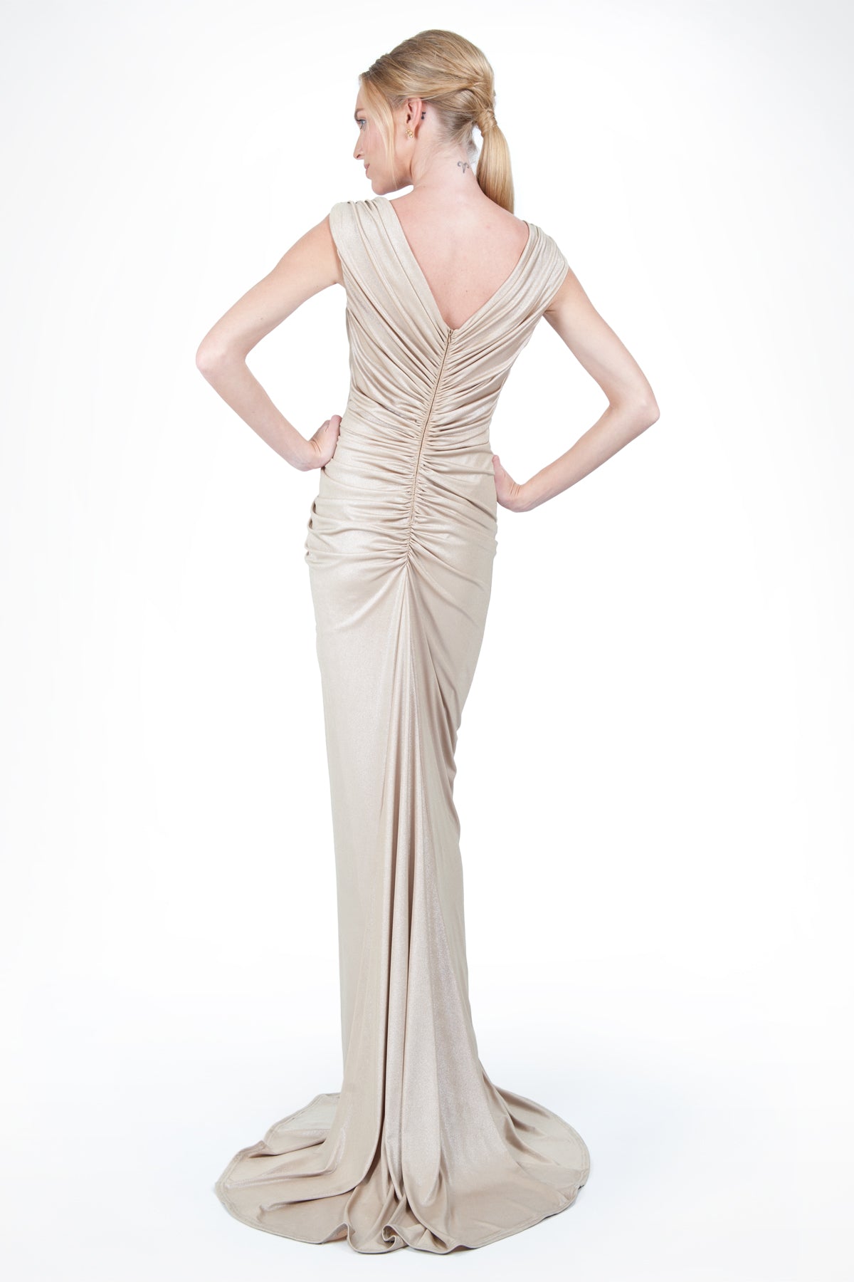Draped Metallic Jersey Gown in Champagne