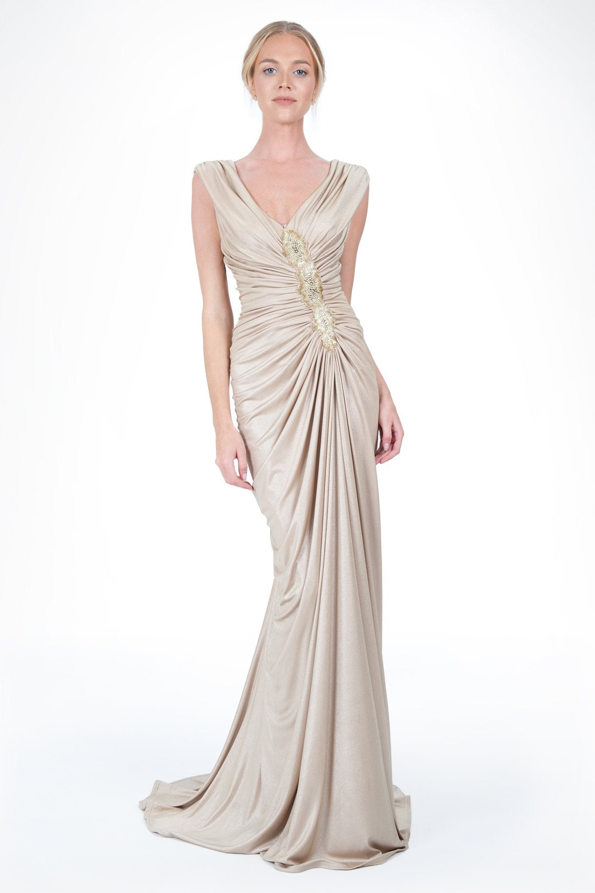 Draped Metallic Jersey Gown in Champagne